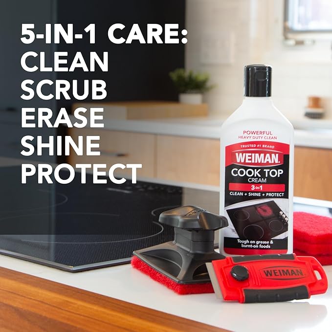 Weiman Glass &amp Ceramic Cooktop Stove Top &amp Oven Cleaner Kit – Kitchen Cleaner Cream 3 Scrubbing Pads &amp Scraper for Burnt-On Food &amp Grease Clean Shine - Safe for Induction Electric