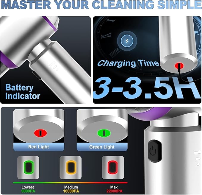 Handheld Car Vacuum Cordless 22000PA Strong Suction Mini Vacuum Cleaner with 100000 RPM Brushless Motor 4-in-1 Portable Vacuum for Car Detailing Camping Home &amp Gift Silver Purple