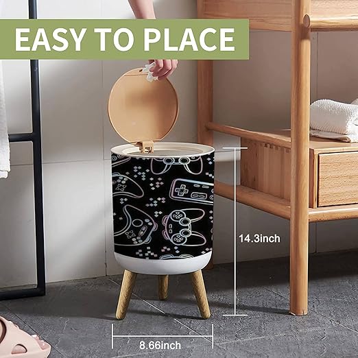 Small Bathroom Bedroom Trash Can with Lid joysticks Gaming Cool Cute Kawaii Garbage Wood Waste Bin Press Cover Round Wastebasket for Kids Boys Kitchen Nursery 7L/1.8 Gallon 8.66x14.3inch