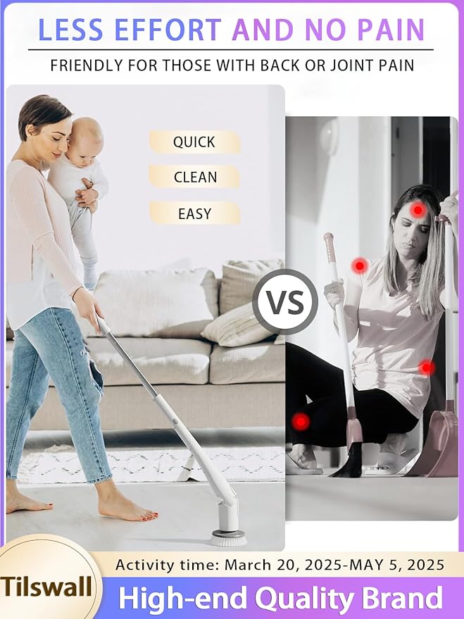 Tilswall Cordless Electric Spin Scrubber - IPX7 Waterproof Cleaning Brush with 180Min Runtime &amp 43 Extendable Handle Ideal Gift for Home/Bathroom/Car (Includes 4 Brush Heads)