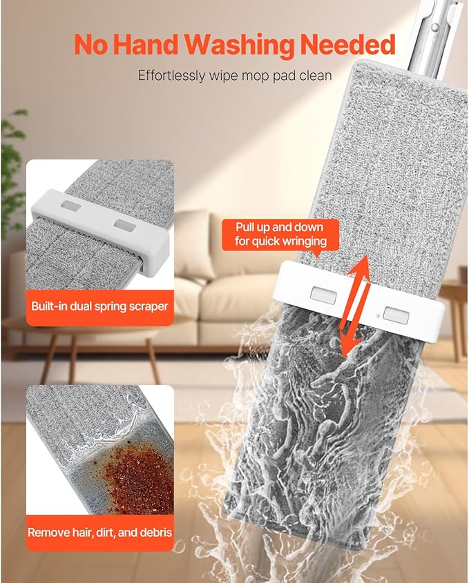 Happybuy Microfiber Flat Mop with Self-Wringing Handle – Includes 4 Washable Pads for Wet/Dry Cleaning on Tile Laminate &amp Hardwood Floors