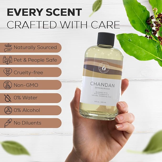 Aroma Country Chandan Diffuser Oil - Luxury Essential Oils for Diffuser Refill &amp Air Freshener Room Spray - Long-Lasting &amp Natural Home Fragrance Sandalwood Scented Oil for Diffusers (8.5 Fl.