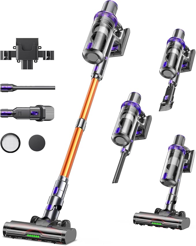 Cordless Vacuum Cleaner 600W 55KPA 60Mins Vacuum Cleaners for HomeAnti-tangle Wireless VacummRechargeable Vacuum With Green LightPowerful Stick Vacuum for Carpet/Hardwood FloorsPet HairPurple