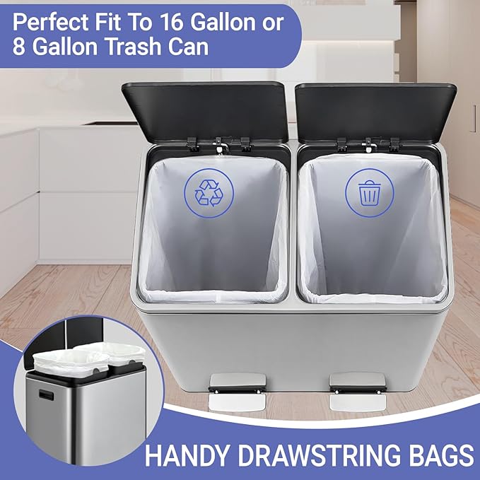 8 Gallon Drawstring Trash bags for Dual Compartment Can (2 x 8 Gallon) 100 Count 1.0 Mil Thickness Kitchen Garbage Liner Pre-Separated Compatible with Liner Code 30A