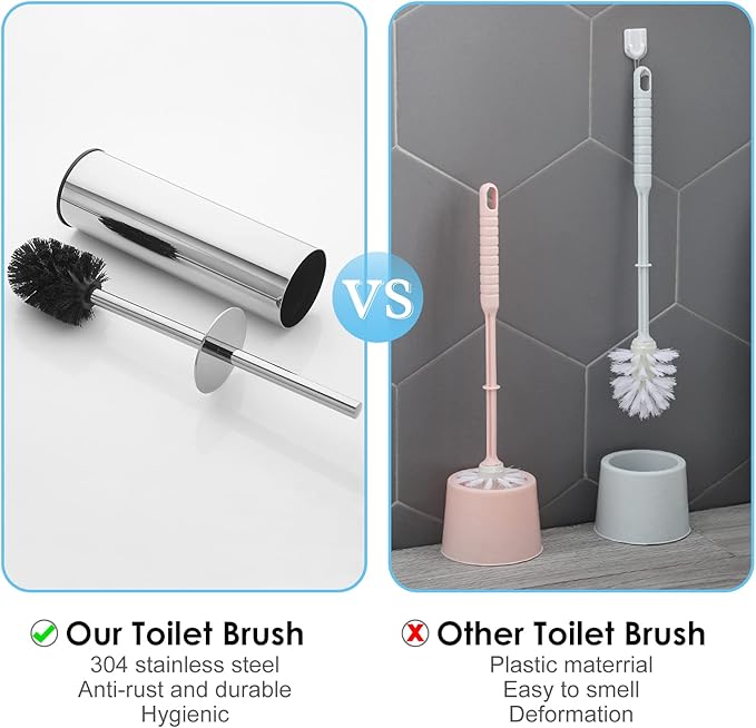 Toilet Brush and Holder Set Chrome Stainless Steel 304 Heavy Duty Round Toilet Brush Set – Rust Resistant Long Handle Replacement Heads Floor Standing Bathroom Toilet Cleaning Brush