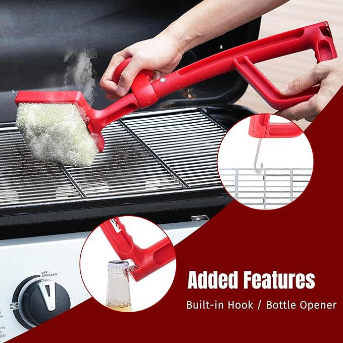 Grill Brush Bristle Free with Aramid Fiber - 600°F Heat Resistant Steam Cleaning Brush Dual Handle BBQ Grill Cleaning Brush with Scraper Replaceable Head for Outdoor Grill Weber Traeger Grates