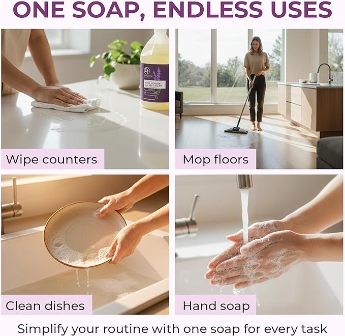 Dr. Jacobs Naturals Pure Castile Soap 64 oz Value Size - Lavender - Made in USA - All-in-One Plant-Based Multipurpose Cleaner for Floors Counters Dishes &amp Laundry Gentle on Skin Biodegradable