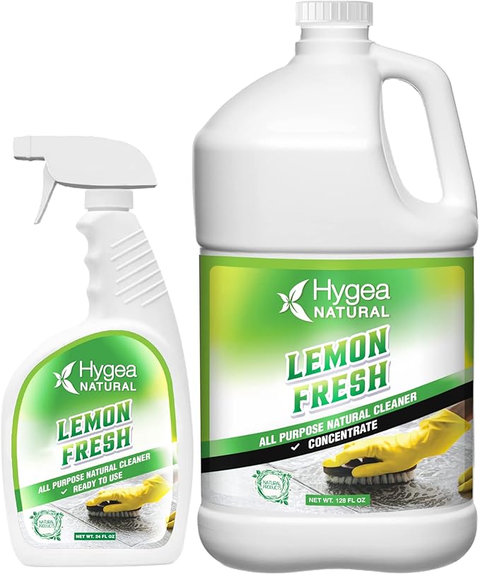 Hygea Natural Lemon Fresh All Purpose Cleaner - Chemical-Free - Removes Soil Dirt &amp Grease - Wet Gloss Finish - Biodegradable pH-Neutral &amp Ammonia Free (24oz Spray &amp 128oz Concentrated G