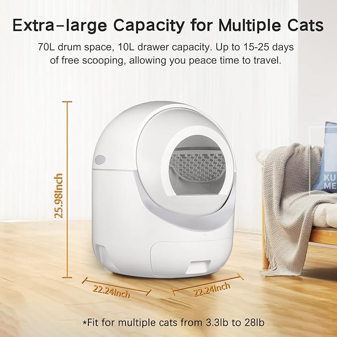 Self Cleaning Cat Litter Box Automatic Cat Litter Box with APP Control Odor Removal Safety Protection for Multiple Cats with Garbage Bags
