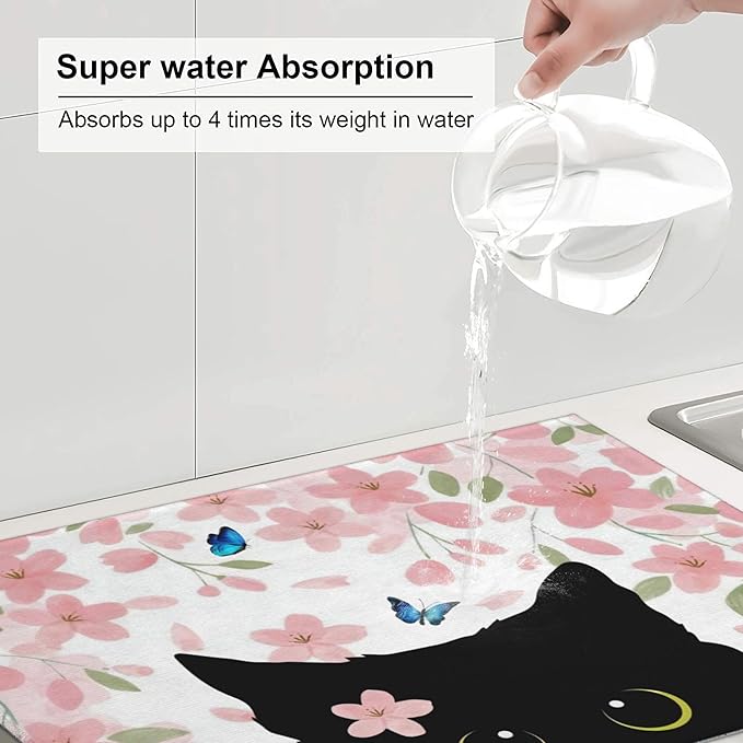 Flowers Black Cat Butterfly Dish Drying Mat for Kitchen Counter 18x24 Microfiber Absorbent Fast Dry Mat 2Pcs Dish Mat Faucet Mats Sets Large Drying Kitchen Mat Kitchen Drying Pad Coffee Bar Decor