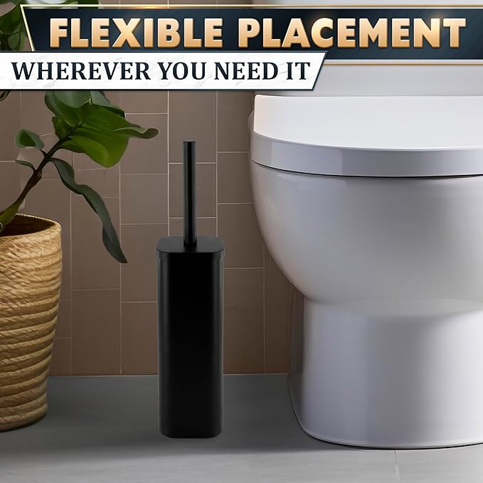 Black Toilet Brush with Square Stainless Steel Holder - Freestanding Toilet Brush and Holder Set Black - Removable Plastic Inner Cup Splash Guard Cover Replaceable Head Corrosion Resistant Finish