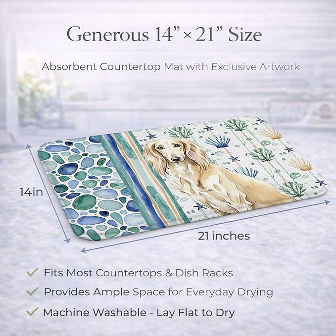 Caroline's Treasures Cream Saluki Coastal Sea Glass Dish Drying Mat Absorbent Dish Drying Mat Pad for Kitchen Counter Dish Drainer Mat for Countertop 14 x 21 Multicolor