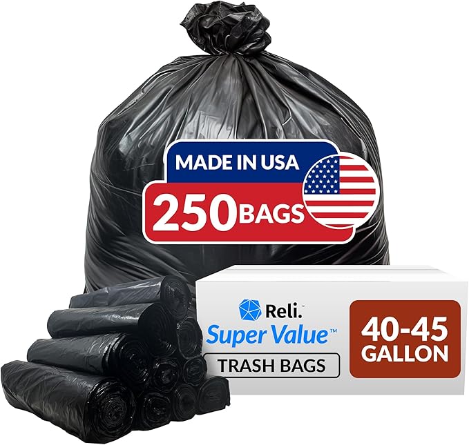 Reli. 40 to 45 Gallon Trash Bags Heavy Duty | 250 Trash Bags | Super Sizeable Black Garbage for Serious Cleanup