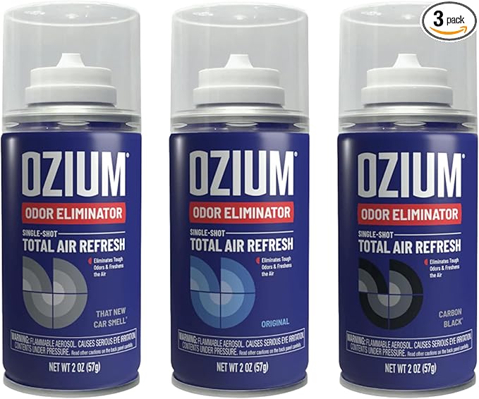 Ozium Air Sanitizer 2 oz Car Fogger: Single-Shot Smoke Odor Eliminator &amp Car Air Freshener (Original+That New Car Smell+Carbon Black 3 Pack Variety)