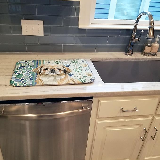 Caroline's Treasures Fawn Pekingese Coastal Sea Glass Dish Drying Mat Absorbent Dish Drying Mat Pad for Kitchen Counter Dish Drainer Mat for Countertop 14 x 21 Multicolor