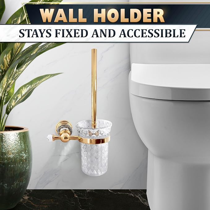 Gold Stainless Steel Toilet Brush with Crystal Toilet Brush Holder Set – Wall Mounted Holder Replaceable Head Decorative Space-Saving Design Bathroom Toilet Accessory Elegant Toilet Bowl Cleaner Set