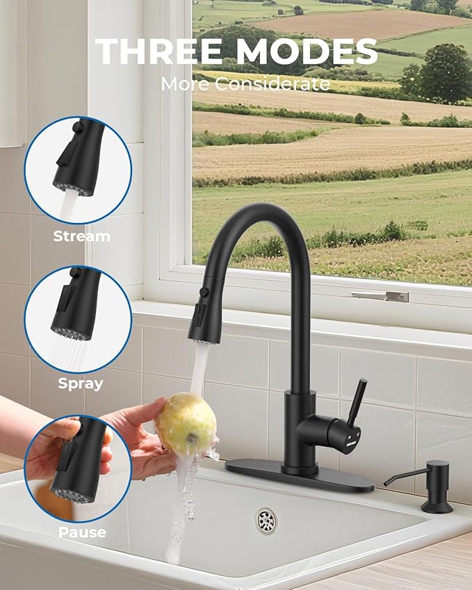 WEWE Kitchen Faucet with Soap Dispenser and Pull Down Sprayer RV Single Handle Classic 3 Modes Stainless Steel Faucet for Kitchen Sink RV Matte Black