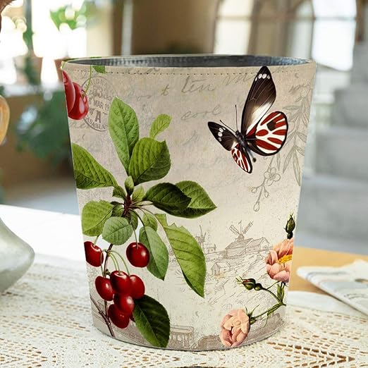10L/2.64 Gallon Trash Can Decorative Waste Basket PU Leather Waste Paper Basket Waterproof Garbage Can for Bathroom Bedroom Office Kitchen and Living Room - Butterfly Four-Leaf Flower