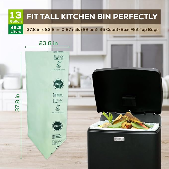 2.6 Gal (100 count) &amp 13 Gal (35 count) ANECO 100% Compostable Trash Bags Extra Thick Kitchen Compost Bags