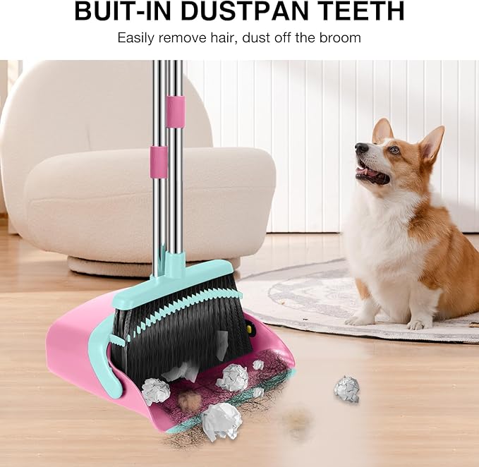 Broom and Dustpan Set 52-in Long Adjustable Handle Broom Dustpan Combo with Dust pan Teeth to Automatically Clean Hair Suitable for Home Kitchen Office Hall Floor (Pink&ampBlue) 2 Pack