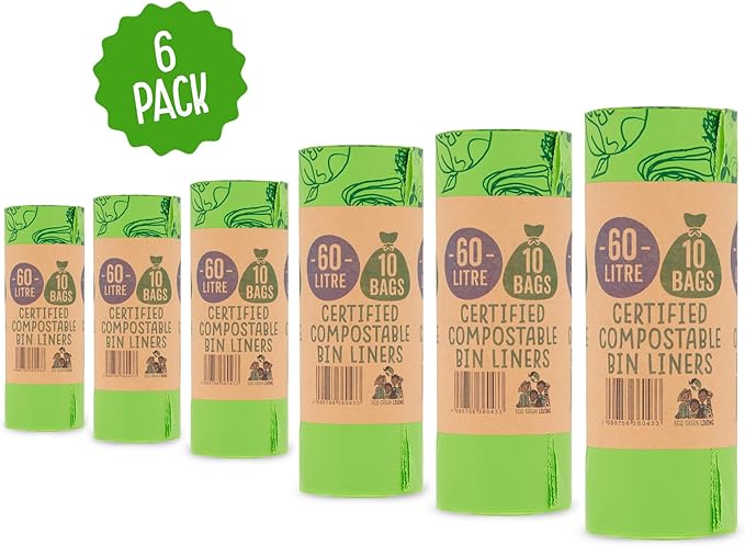 Eco Green Living 60 Litre Compostable Bin Liners Plastic Free &amp Recyclable Tall Bin Bags for Food Waste Leak Resistant Small Bin Liners 87 x 114 cm - Six Pack (60 Bags)