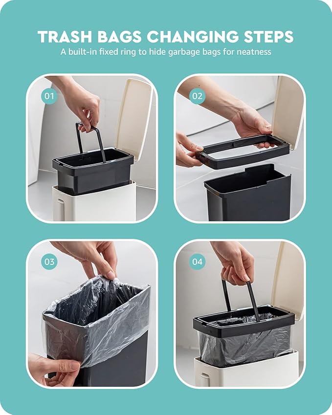 Baffect 2 Liter White Slim Bathroom Trash Can with Lid and Toilet Brush Holder