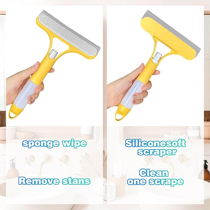 3-in-1 Spray Window Water Absorber Cleaner Scraper Scraper with Spray Device for Shower Glass Mirrors Cars Household Window Cleaning Tools (Yellow Blue White)