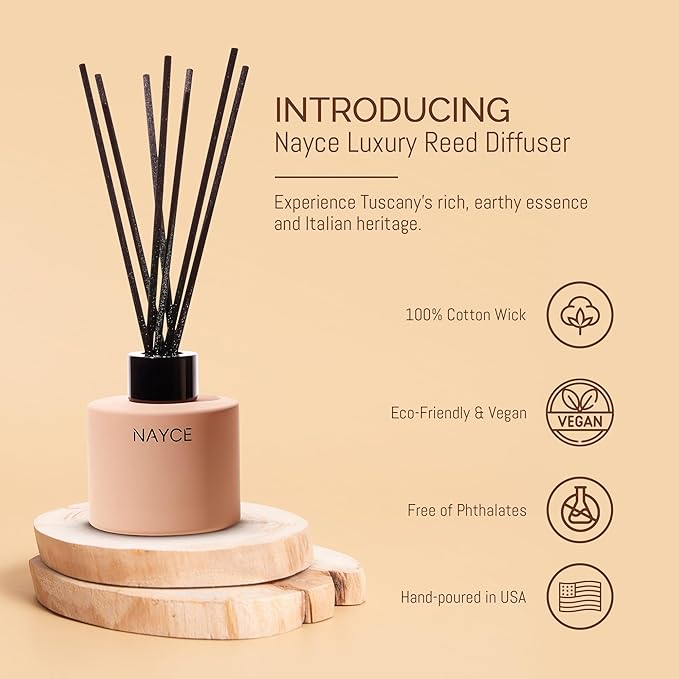 Nayce Luxury Reed Diffuser - Chianti Oud Orchard - Aromatherapy Essential Oil Diffuser Sticks - Hand-Poured in USA - Reed Diffusers for Home Bathroom Bedroom Office Decor Housewarming Gifts
