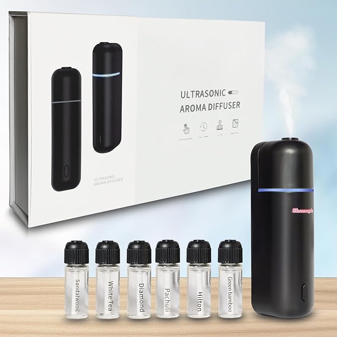 Car Air Freshener Diffuser Motion Sensor Waterless Essential Oil Diffuser for Car USB Rechargeable Air Freshener with 6 Refill Scents（Hilton/Sandwood/WhiteTea/Diamond/GreenBamboo/Pachuli