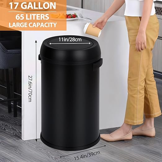 GarveeHome 17 gal/65 L Swing Top Trash Can Stainless Steel Rubbish Bin Commercial Grade Waste Container Round Garbage Can for Outdoor Home Office Restaurant Black
