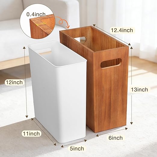 3 Gallon Wood Trash Can Solid Wooden Trash Can with Plastic Liner Handmade Slim Small Trash Can with Handle Fits Narrow Spaces Decorative Wastebasket for Bathroom Bedroom Office Kitchen