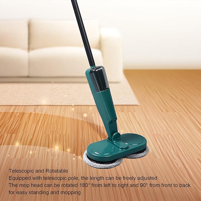 Cordless Electric Mop with Water Sprayer 2000mAh Rechargeable Lightweight Retractable Rod 180° Rotatable for Hardwood Tile Marble Floors White Green (Green)