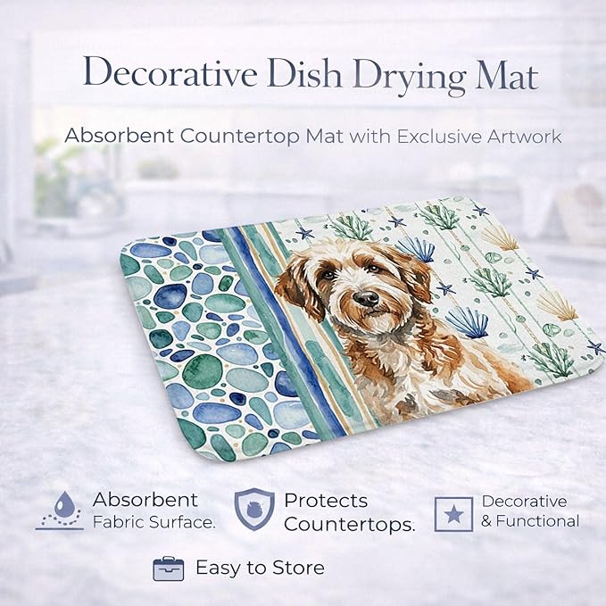 Caroline's Treasures Lagotto Romagnolo Coastal Sea Glass Dish Drying Mat Absorbent Dish Drying Mat Pad for Kitchen Counter Dish Drainer Mat for Countertop 14 x 21 Multicolor