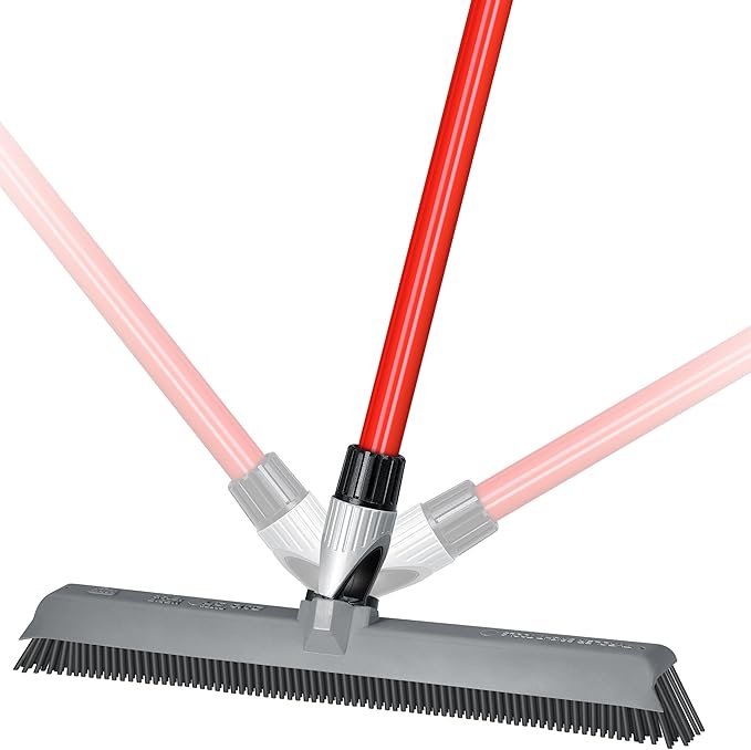 2-in-1 Silicone Rubber Broom Carpet Rake and Squeegee - Swivel Pet Hair Removal Broom with Long Handle - Slanted Side Bristles for Corners - Multipurpose Rubber Broom for Carpet Hardwood Floor Tile
