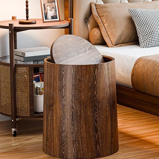 Alipis Slim Kitchen Garbage Can Swing Lid Imitation Wood Grain Trash Bucket 12l Capacity Home Office Waste Basket
