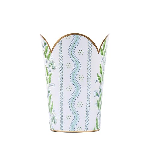 Jaye's Studio Emma Stripe Enamel Tulip Gold Waste Basket for Bathroom Trash Can no Lid Garbage Can for Office Trash Bin for Bedroom Blue &amp Green Trash Can Metal Decorative Wastepaper Basket Tu
