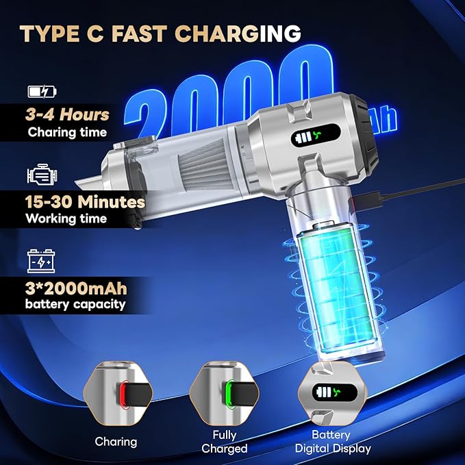 【Upgraded Version】Sycoodeal Car Vacuum CleanerMini Portable Vacuum Cordless25000PA Powerful Strong Cyclonic Suction USB Rechargeable Foldable Handheld Vacuum with One-touch Dust Removal for CarHome