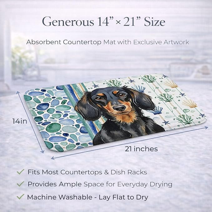 Caroline's Treasures Longhaired Black and Tan Dachshund Coastal Sea Glass Dish Drying Mat Absorbent Dish Drying Mat Pad for Kitchen Counter Dish Drainer Mat for Countertop 14 x 21 Multicolor
