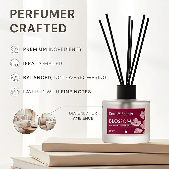 Soul &amp Scents Reed Diffuser Set – Blossom | 7.43 oz Refillable Scented Oil with 6 Fiber Sticks | Long-Lasting Home Fragrance &amp Air Freshener for Bedroom Bathroom Office | Gift &amp Décor Pi
