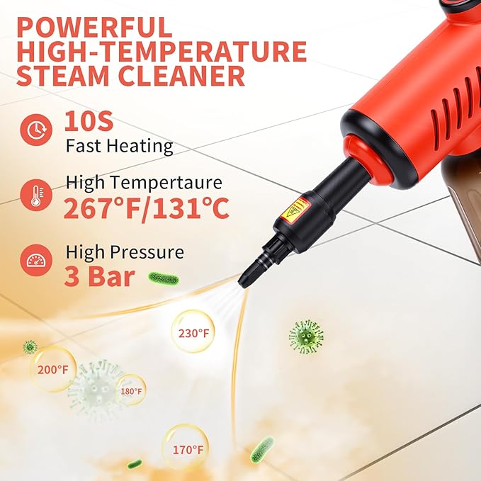1200W High Pressure Handheld Steam Cleaner 600ML Tank Multi-Purpose Steamer for Home UseCleaning Floor Upholstery Grout and CarRed