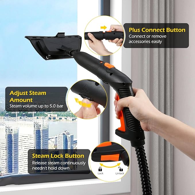Dyna-Living Steam Cleaner 1800W Steamer for Cleaning 5 Bar Steamer Cleaner for Car Detailing 320°F High Temperature High Pressure Steamer for Carpets Floor with 1.8 L Inner Water Tank