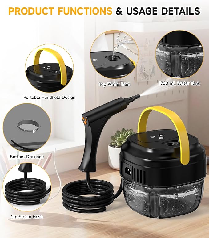 Portable Handheld Steam Cleaner 1500W High Pressure Steamer 15s Instant Heat 6-Level Handle 1.7L Tank 15PCS Accessories for Home Kitchen Grease Car Detailing