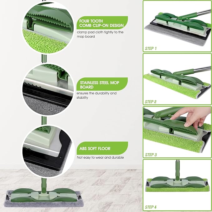 MASTERTOP Microfiber Mop - Flat Floor Mops Wet Dry Dust Mop with 4 Washable Pads &amp 52.4'' Stainless Steel Handle for Hardwood Laminate Tile Floor Cleaning