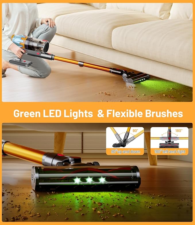 Cordless Vacuum Cleaner 45Kpa/550W Stick Vacuum with Touch Screen Max 65Mins Vacuum Cleaners for Home Upgraded Green Light &amp Anti-Tangle Wireless Vacuum for Pet Hair/Carpet/Hardwood Floor