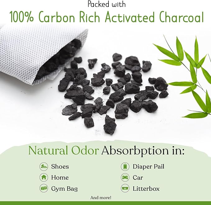 bmbu Charcoal Shoe Deodorizers - Activated Natural Bamboo Air Purifying Bag Insert for Sneakers Oder Eliminator Mini Bags -Absorber/Freshener for Gym BagDrawerClosetCarHome Cat Litter