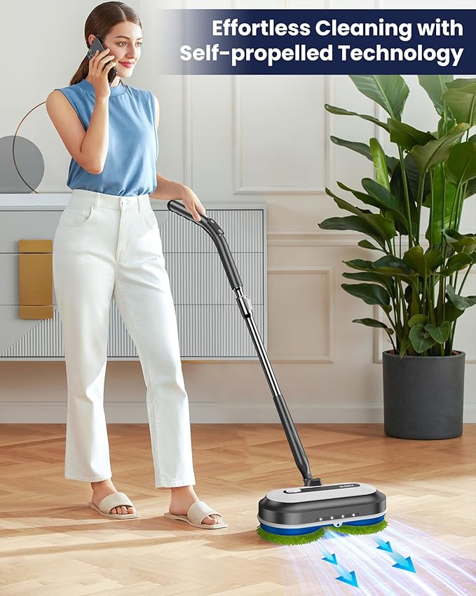 Cordless Electric Mop Electric Spin Floor Mop with LED Headlights &amp Water Sprayer Long-Lasting Battery Large 290ml Tank Self-Propelled Floor Cleaner with Adjustable Tube for All Floors