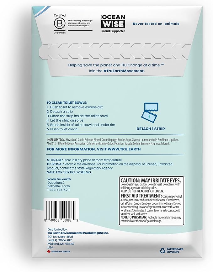 Tru Earth Toilet Bowl Cleaner Eco-Strips | Plastic Jug-Free Septic-Safe for Cleaning | Easy to Use | 24 Strips