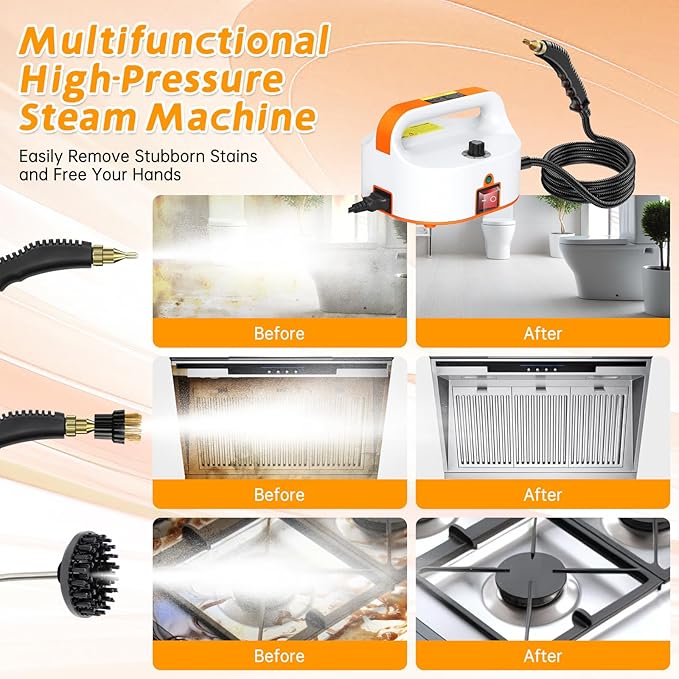4.5BAR Handheld Steam Cleaner 2500W Portable Steam Cleaner for Home for Car Kitchen Furniture Floors Cleaning Tankless Design 6-Speed Pressurized Steam Machine with 3 Brush Heads Orange