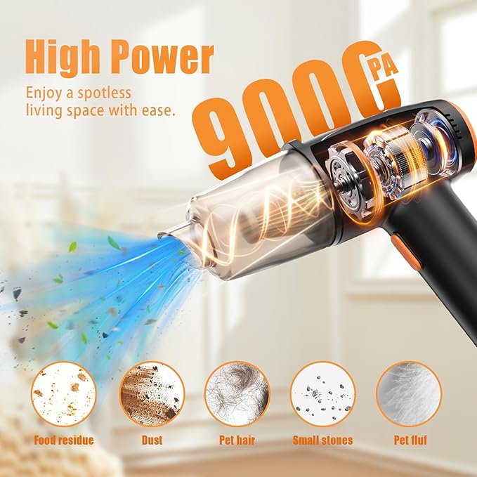 Handheld Car Vacuum Cleaner Cordless 9000Pa Vacuum and Air Duster Mini Car Vacuum Portable Cordless with 6000mAh Battery 3 Filters Storage Bag - Ideal for Home Office