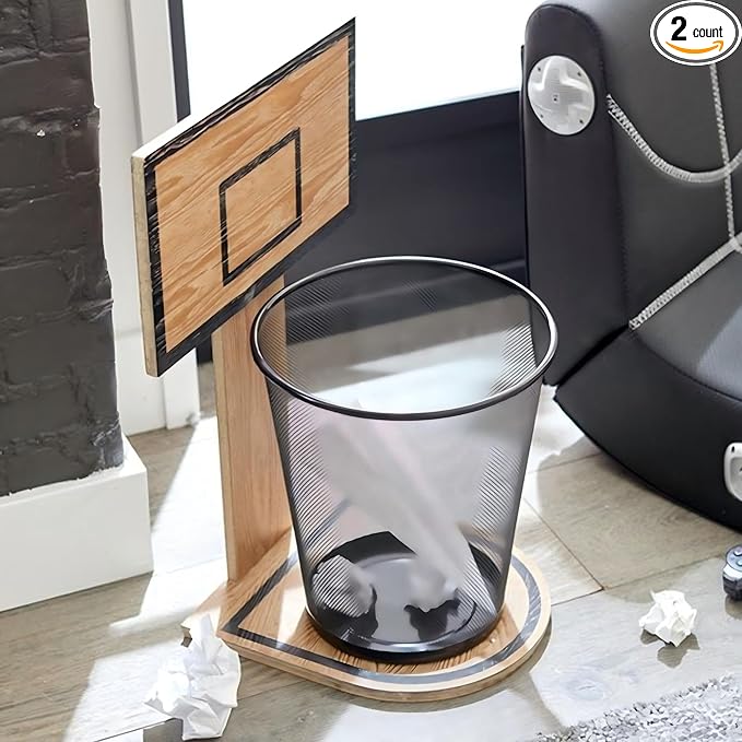 Patelai 2 Pcs Basketball Trash Can Basketball Hoop Trash Can Hoop Bin Waste Basket Game 18x8in Oak-Style Mesh Backboard with Fun Shooting Design Durable Garbage Bin for Home Office Boys Gift